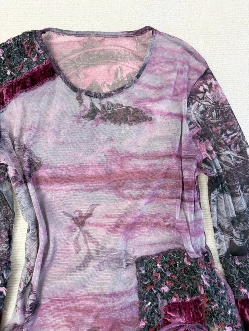 Y2K Gothic Purple Long Sleeve Sheer Floral Mesh  Patchwork Top Size M/ US 8-10 - Picture 8 of 17